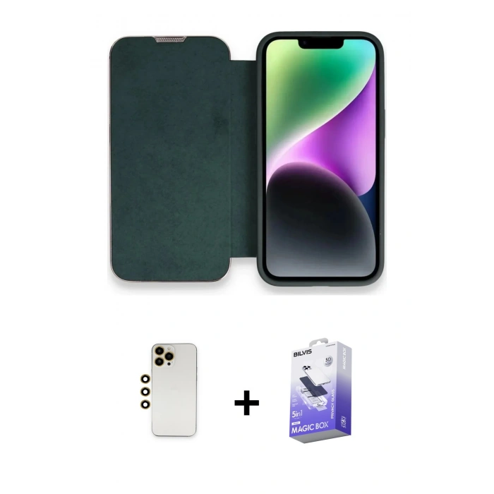 MARSİLYAN™- iPhone 13 Pro Max Kılıf Siluet Minimal Serisi - Siyah Bilvis 5in1 5D Magic Hayalet Cam Ekran Koruyucu + Shine Kamera Lens - GD