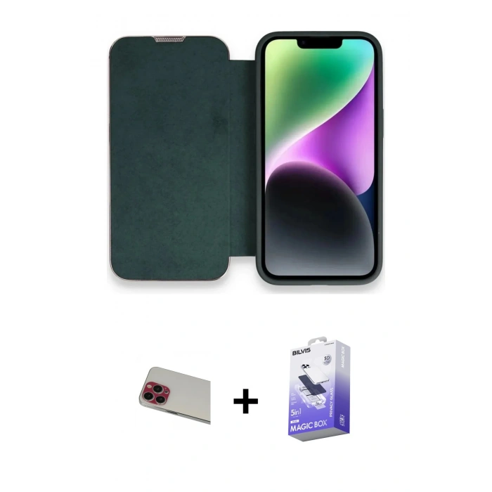 MARSİLYAN™- iPhone 13 Pro Max Kılıf Siluet Minimal Serisi - Siyah Bilvis 5in1 5D Magic Hayalet Cam Ekran Koruyucu + Rainbow Kamera Lens Koruma Cam - KI
