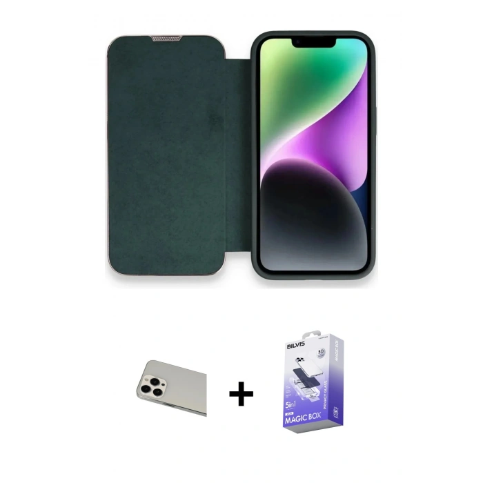MARSİLYAN™- iPhone 13 Pro Max Kılıf Siluet Minimal Serisi - Siyah Bilvis 5in1 5D Magic Hayalet Cam Ekran Koruyucu + Rainbow Kamera Lens Koruma Cam - BZ