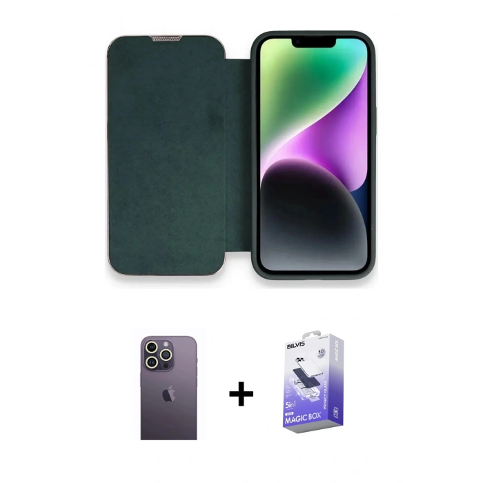 MARSİLYAN™- iPhone 13 Pro Max Kılıf Siluet Minimal Serisi - Siyah Bilvis 5in1 5D Magic Hayalet Cam Ekran Koruyucu + Neon Fosforlu Kamera Lens - BZ