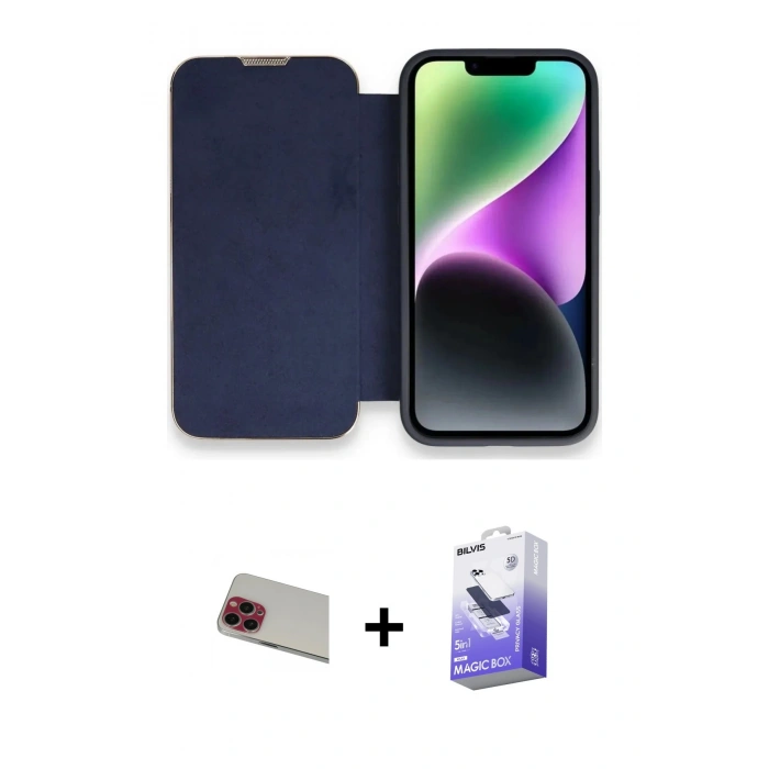 MARSİLYAN™- iPhone 13 Pro Max Kılıf Siluet Minimal Serisi - Siyah Bilvis 5in1 5D Magic Hayalet Cam Ekran Koruyucu + Rainbow Kamera Lens Koruma Cam - KI