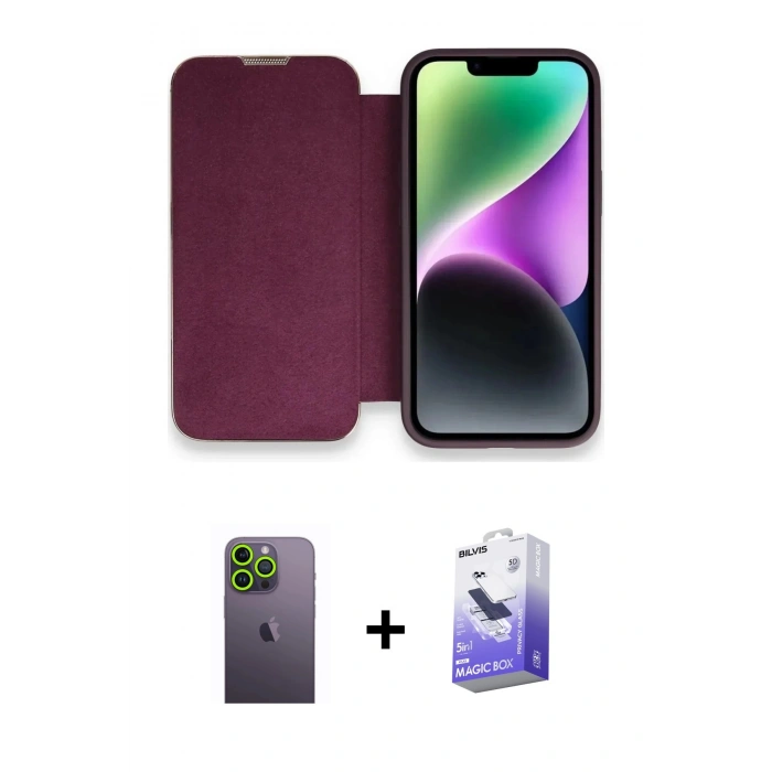 MARSİLYAN™- iPhone 13 Pro Max Kılıf Siluet Minimal Serisi - Siyah Bilvis 5in1 5D Magic Hayalet Cam Ekran Koruyucu + Neon Fosforlu Kamera Lens - YL