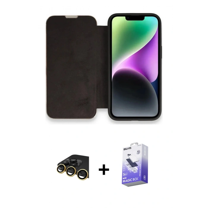 MARSİLYAN™- iPhone 13 Pro Max Kılıf Siluet Minimal Serisi - Siyah Bilvis 5in1 5D Magic Hayalet Cam Ekran Koruyucu + Raze Metal Kamera Lens - GD