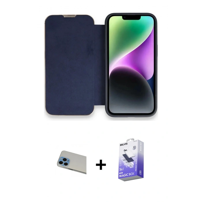 MARSİLYAN™- iPhone 13 Pro Max Kılıf Siluet Minimal Serisi - Siyah Bilvis 5in1 5D Magic Hayalet Cam Ekran Koruyucu + Mavi Rainbow Kamera Lens Koruma Cam