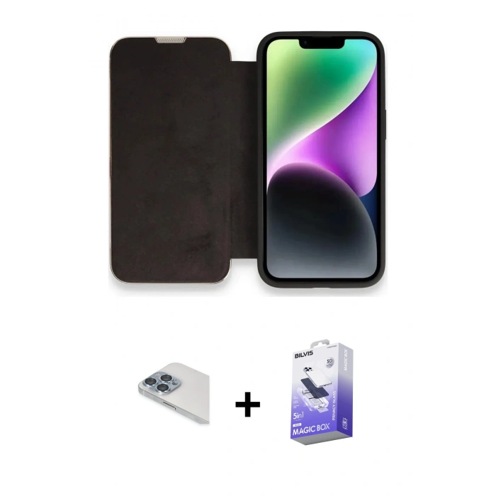 MARSİLYAN™- iPhone 13 Pro Max Kılıf Siluet Minimal Serisi - Siyah Bilvis 5in1 5D Magic Hayalet Cam Ekran Koruyucu + Pers Alüminyum Kamera Lens - SABE