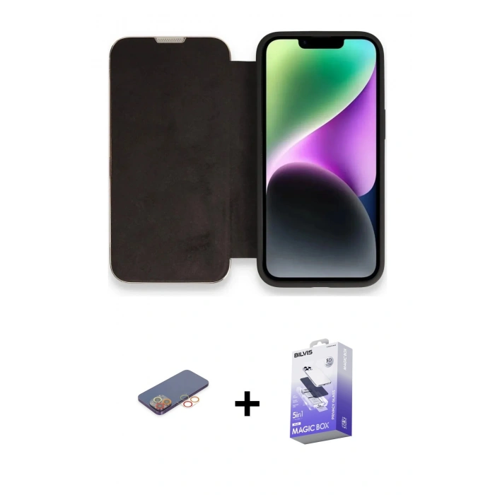 MARSİLYAN™- iPhone 13 Pro Max Kılıf Siluet Minimal Serisi - Siyah Bilvis 5in1 5D Magic Hayalet Cam Ekran Koruyucu + Renkli Kamera Lens Koruma Cam - TU