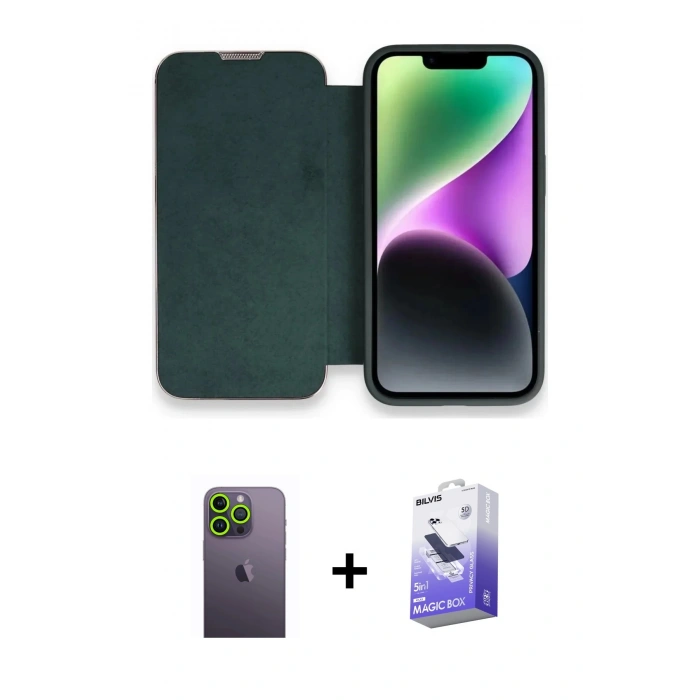 MARSİLYAN™- iPhone 13 Pro Max Kılıf Siluet Minimal Serisi - Siyah Bilvis 5in1 5D Magic Hayalet Cam Ekran Koruyucu + Neon Fosforlu Kamera Lens - YL