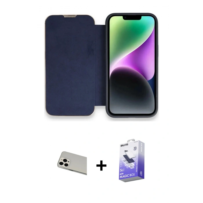 MARSİLYAN™- iPhone 13 Pro Max Kılıf Siluet Minimal Serisi - Siyah Bilvis 5in1 5D Magic Hayalet Cam Ekran Koruyucu + Rainbow Kamera Lens Koruma Cam - BZ