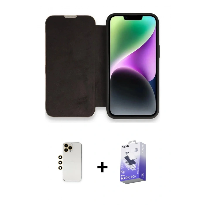 MARSİLYAN™- iPhone 13 Pro Max Kılıf Siluet Minimal Serisi - Siyah Bilvis 5in1 5D Magic Hayalet Cam Ekran Koruyucu + Shine Kamera Lens - GD