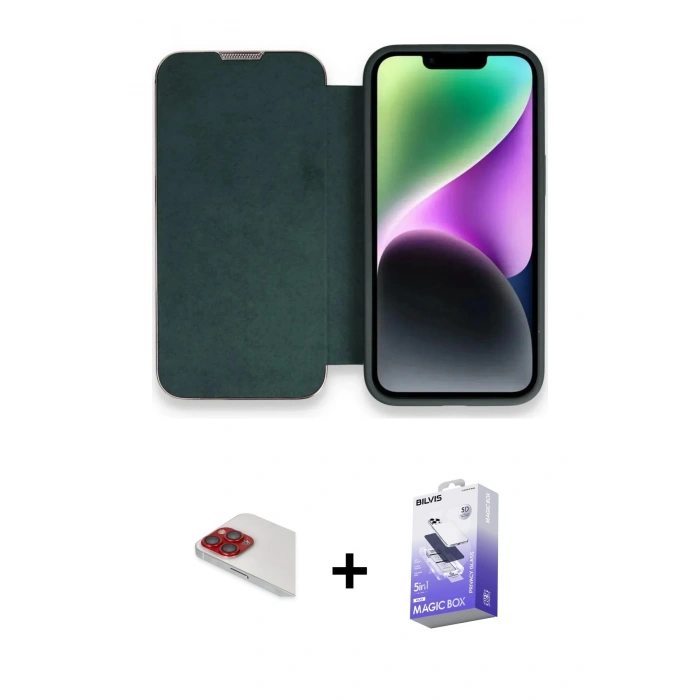 MARSİLYAN™- iPhone 13 Pro Max Kılıf Siluet Minimal Serisi - Siyah Bilvis 5in1 5D Magic Hayalet Cam Ekran Koruyucu + Pers Alüminyum Kamera Lens - KI