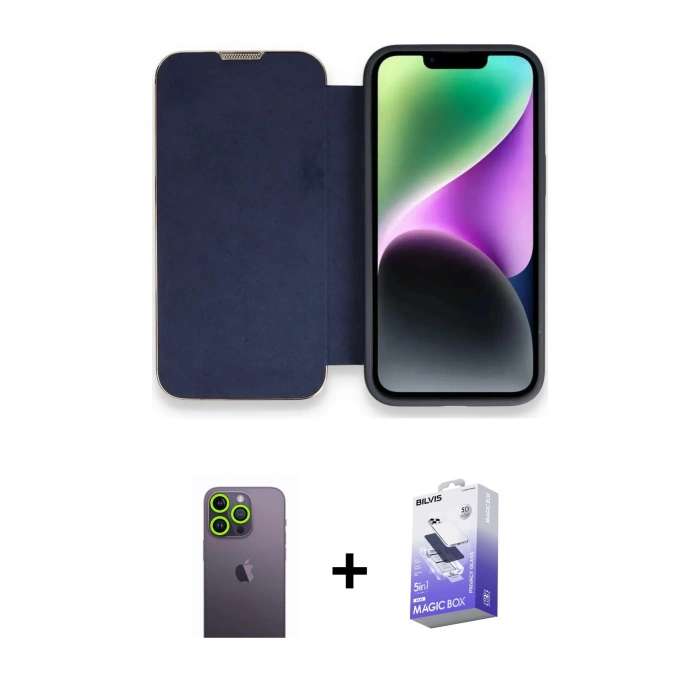 MARSİLYAN™- iPhone 13 Pro Max Kılıf Siluet Minimal Serisi - Siyah Bilvis 5in1 5D Magic Hayalet Cam Ekran Koruyucu + Neon Fosforlu Kamera Lens - YL