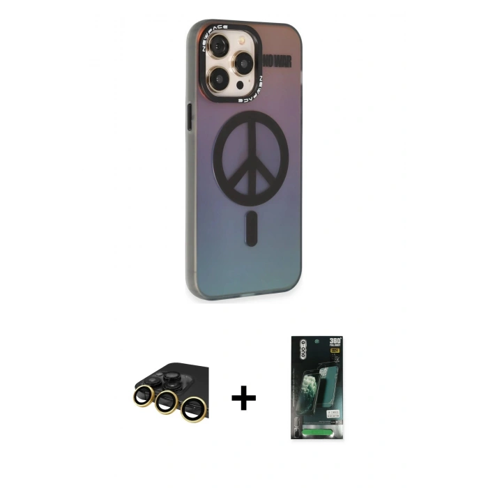 MARSİLYAN™- iPhone 13 Pro Max Kılıf Siluet Modern Koleksiyonu - Şeffaf 360 Full Body Arka Koruyucu + Gold Raze Metal Kamera Lens
