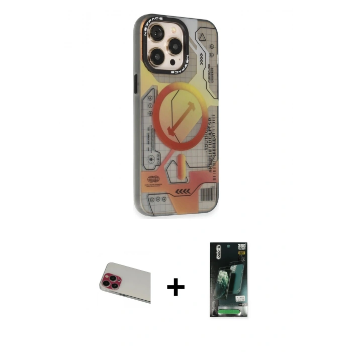 MARSİLYAN™- iPhone 13 Pro Max Kılıf Siluet Modern Koleksiyonu - Şeffaf 360 Full Body Arka Koruyucu + Kırmızı Rainbow Kamera Lens Koruma Cam
