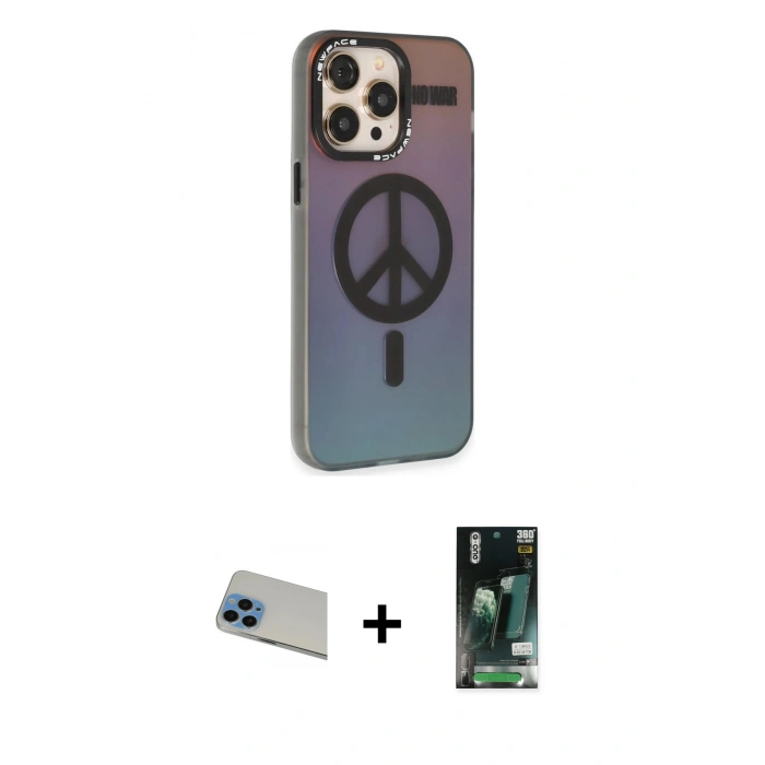 MARSİLYAN™- iPhone 13 Pro Max Kılıf Siluet Modern Koleksiyonu - Şeffaf 360 Full Body Arka Koruyucu + Mavi Rainbow Kamera Lens Koruma Cam
