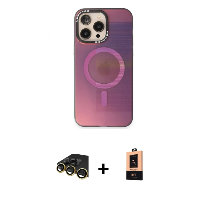 MARSİLYAN™- iPhone 13 Pro Max Kılıf Siluet Modern Koleksiyonu - Şeffaf Maxco Cam Ekran Koruyucu + Gold Raze Metal Kamera Lens