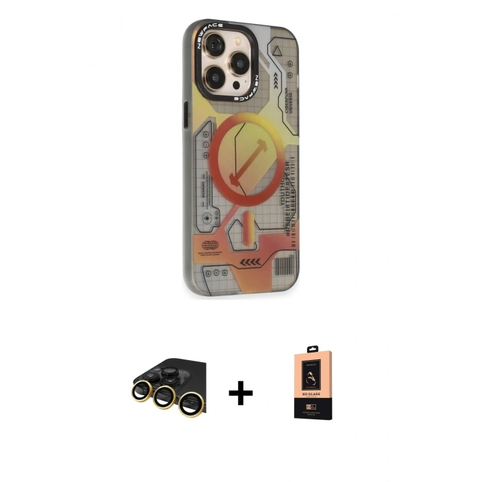 MARSİLYAN™- iPhone 13 Pro Max Kılıf Siluet Modern Koleksiyonu - Şeffaf Maxco Cam Ekran Koruyucu + Gold Raze Metal Kamera Lens