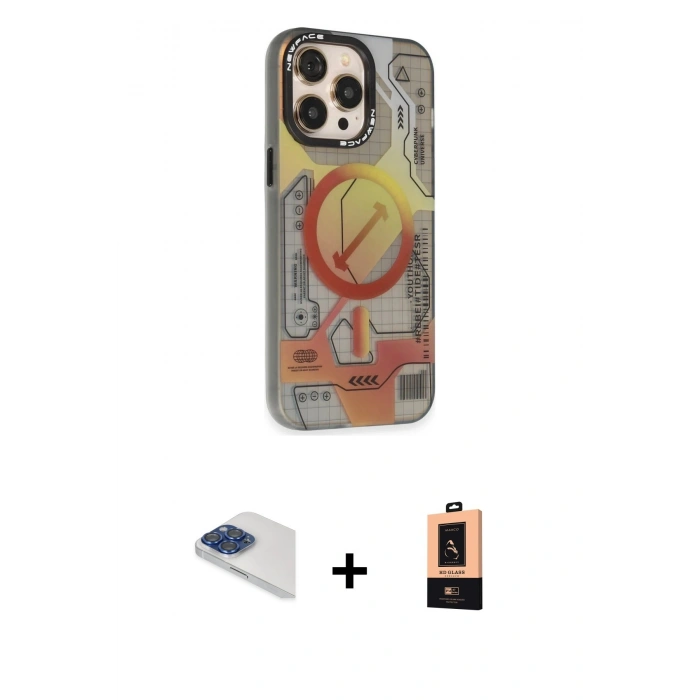 MARSİLYAN™- iPhone 13 Pro Max Kılıf Siluet Modern Koleksiyonu - Şeffaf Maxco Cam Ekran Koruyucu + Lacivert Pers Alüminyum Kamera Lens
