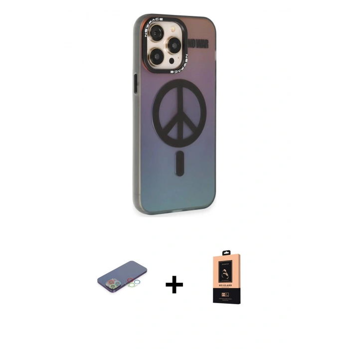 MARSİLYAN™- iPhone 13 Pro Max Kılıf Siluet Modern Koleksiyonu - Şeffaf Maxco Cam Ekran Koruyucu + Mavi Renkli Kamera Lens Koruma Cam