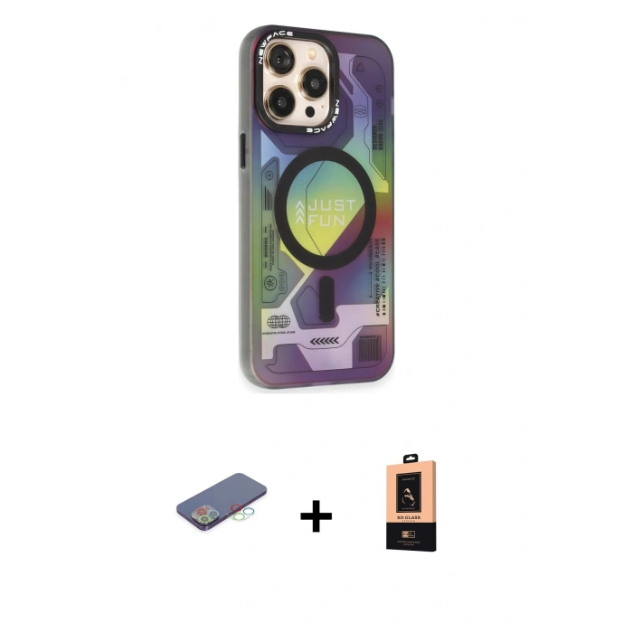 MARSİLYAN™- iPhone 13 Pro Max Kılıf Siluet Modern Koleksiyonu - Şeffaf Maxco Cam Ekran Koruyucu + Mavi Renkli Kamera Lens Koruma Cam