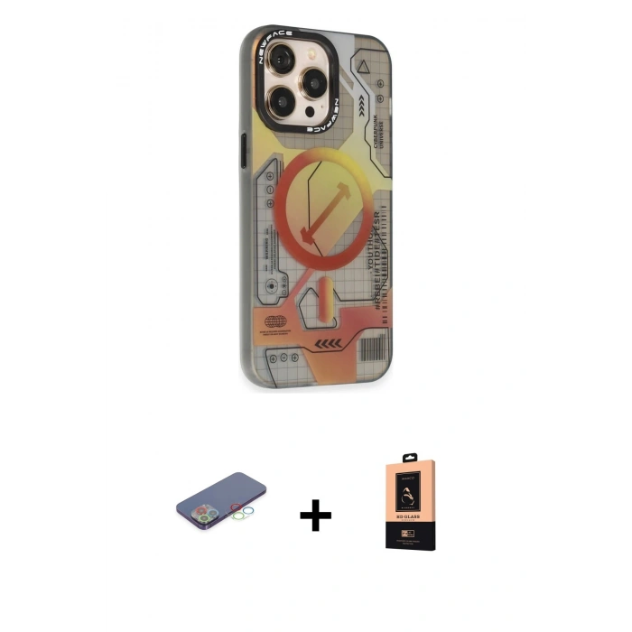 MARSİLYAN™- iPhone 13 Pro Max Kılıf Siluet Modern Koleksiyonu - Şeffaf Maxco Cam Ekran Koruyucu + Mavi Renkli Kamera Lens Koruma Cam