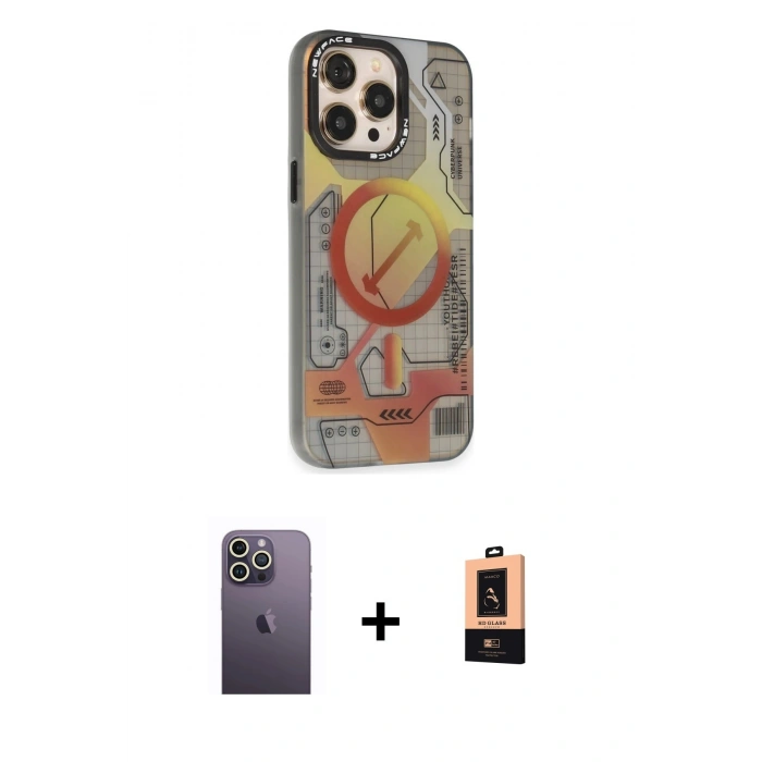 MARSİLYAN™- iPhone 13 Pro Max Kılıf Siluet Modern Koleksiyonu - Şeffaf Maxco Cam Ekran Koruyucu + Neon Fosforlu Kamera Lens - BZ