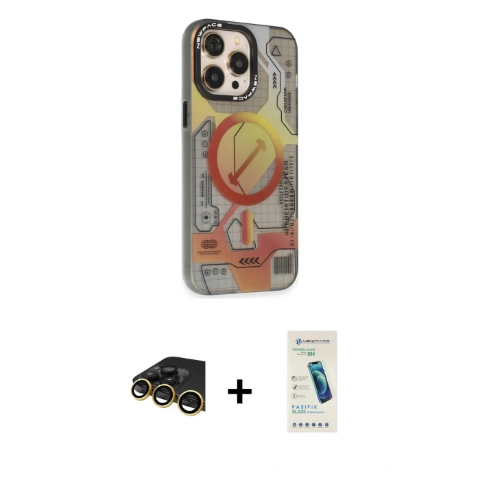 MARSİLYAN™- iPhone 13 Pro Max Kılıf Siluet Modern Koleksiyonu - Şeffaf Pasifik Cam Ekran Koruyucu + Raze Metal Kamera Lens - GD