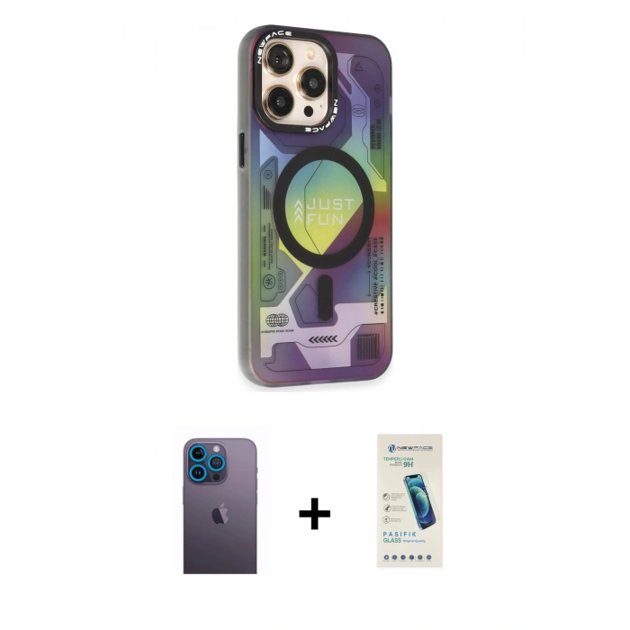 MARSİLYAN™- iPhone 13 Pro Max Kılıf Siluet Modern Koleksiyonu - Şeffaf Pasifik Cam Ekran Koruyucu + Neon Fosforlu Kamera Lens - MI