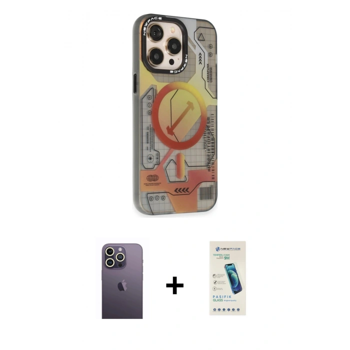 MARSİLYAN™- iPhone 13 Pro Max Kılıf Siluet Modern Koleksiyonu - Şeffaf Pasifik Cam Ekran Koruyucu + Neon Fosforlu Kamera Lens - BZ