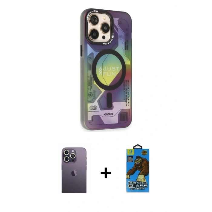 MARSİLYAN™- iPhone 13 Pro Max Kılıf Siluet Modern Koleksiyonu - Siyah 18D Cam Ekran Koruyucu + Neon Fosforlu Kamera Lens - BZ