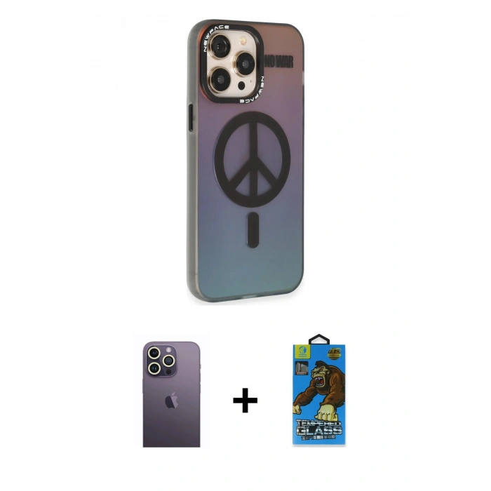 MARSİLYAN™- iPhone 13 Pro Max Kılıf Siluet Modern Koleksiyonu - Siyah 18D Cam Ekran Koruyucu + Neon Fosforlu Kamera Lens - BZ