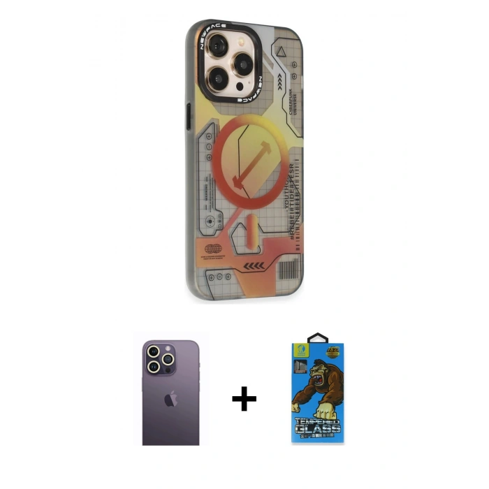 MARSİLYAN™- iPhone 13 Pro Max Kılıf Siluet Modern Koleksiyonu - Siyah 18D Cam Ekran Koruyucu + Neon Fosforlu Kamera Lens - BZ