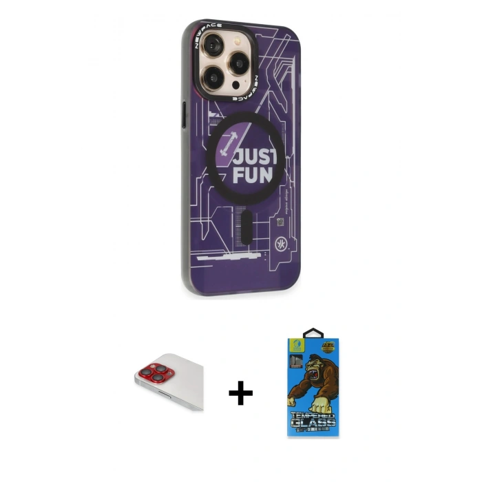 MARSİLYAN™- iPhone 13 Pro Max Kılıf Siluet Modern Koleksiyonu - Siyah 18D Cam Ekran Koruyucu + Kırmızı Pers Alüminyum Kamera Lens