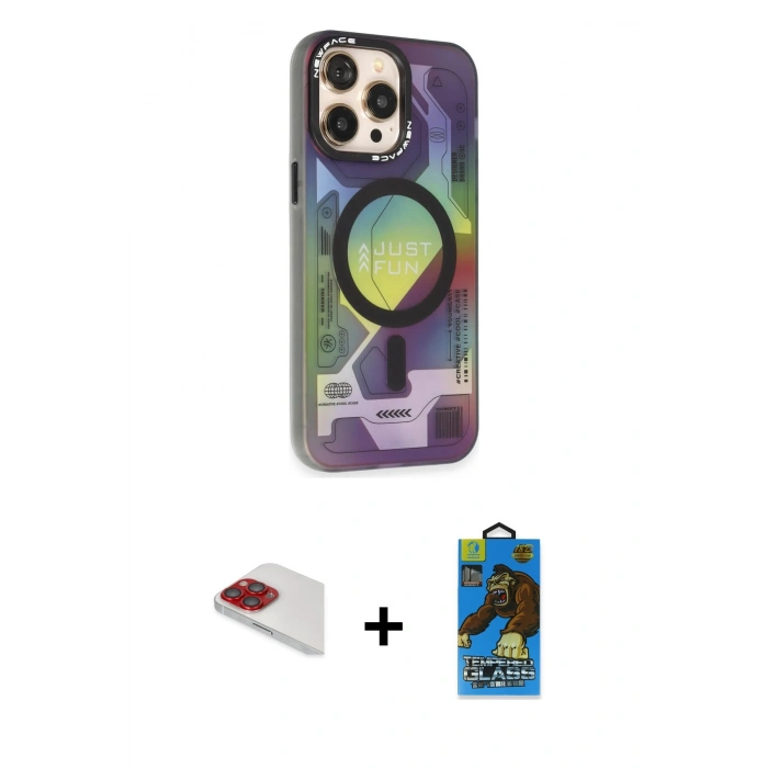 MARSİLYAN™- iPhone 13 Pro Max Kılıf Siluet Modern Koleksiyonu - Siyah 18D Cam Ekran Koruyucu + Kırmızı Pers Alüminyum Kamera Lens