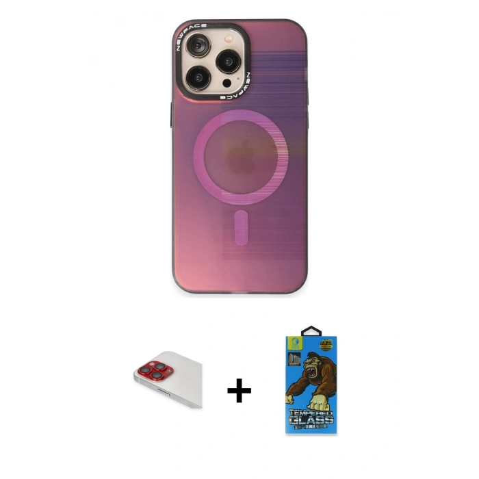 MARSİLYAN™- iPhone 13 Pro Max Kılıf Siluet Modern Koleksiyonu - Siyah 18D Cam Ekran Koruyucu + Kırmızı Pers Alüminyum Kamera Lens
