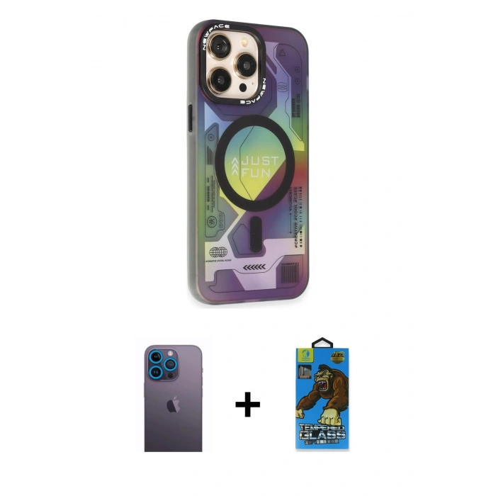 MARSİLYAN™- iPhone 13 Pro Max Kılıf Siluet Modern Koleksiyonu - Siyah 18D Cam Ekran Koruyucu + Neon Fosforlu Kamera Lens - MI