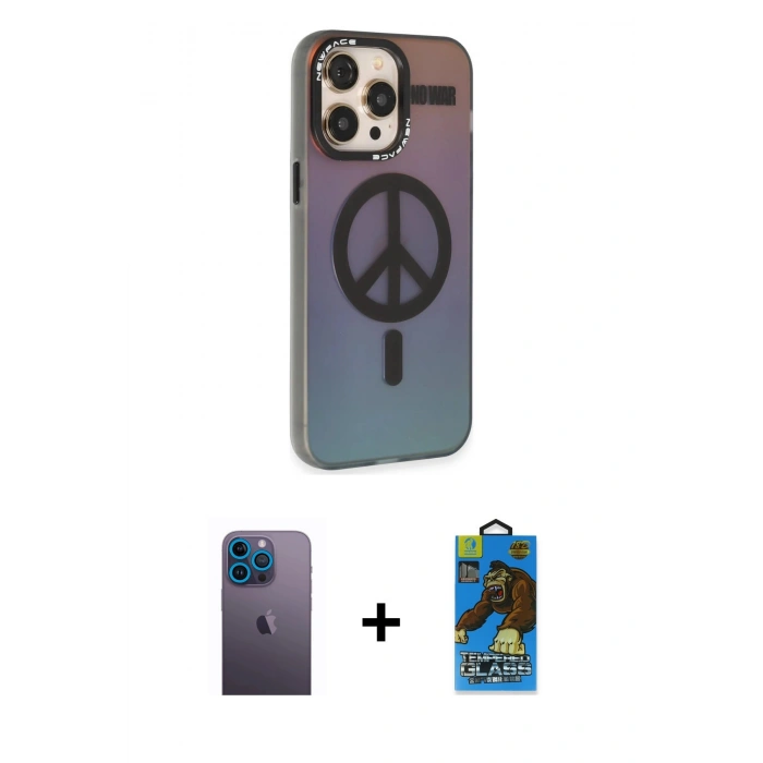 MARSİLYAN™- iPhone 13 Pro Max Kılıf Siluet Modern Koleksiyonu - Siyah 18D Cam Ekran Koruyucu + Neon Fosforlu Kamera Lens - MI