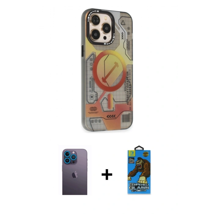 MARSİLYAN™- iPhone 13 Pro Max Kılıf Siluet Modern Koleksiyonu - Siyah 18D Cam Ekran Koruyucu + Neon Fosforlu Kamera Lens - MI