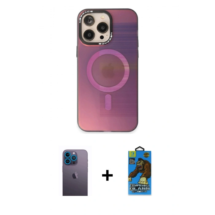MARSİLYAN™- iPhone 13 Pro Max Kılıf Siluet Modern Koleksiyonu - Siyah 18D Cam Ekran Koruyucu + Neon Fosforlu Kamera Lens - MI