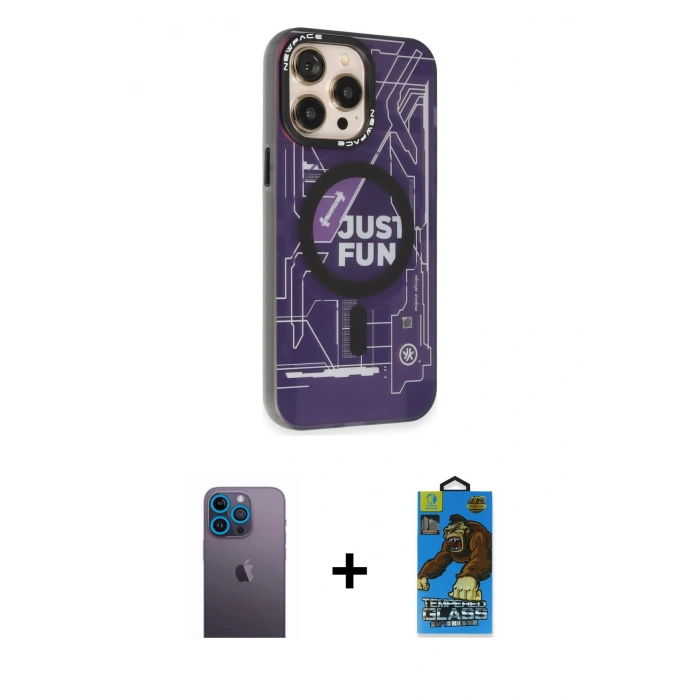 MARSİLYAN™- iPhone 13 Pro Max Kılıf Siluet Modern Koleksiyonu - Siyah 18D Cam Ekran Koruyucu + Neon Fosforlu Kamera Lens - MI