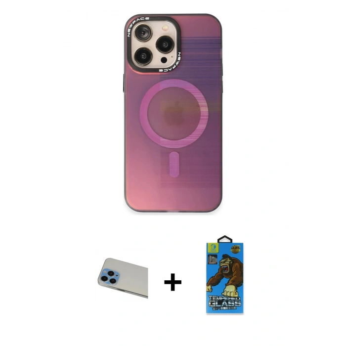 MARSİLYAN™- iPhone 13 Pro Max Kılıf Siluet Modern Koleksiyonu - Siyah 18D Cam Ekran Koruyucu + Mavi Rainbow Kamera Lens Koruma Cam