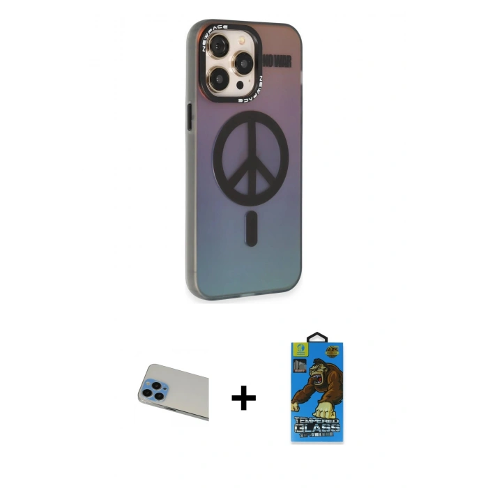 MARSİLYAN™- iPhone 13 Pro Max Kılıf Siluet Modern Koleksiyonu - Siyah 18D Cam Ekran Koruyucu + Mavi Rainbow Kamera Lens Koruma Cam