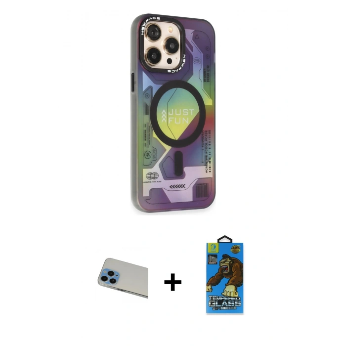 MARSİLYAN™- iPhone 13 Pro Max Kılıf Siluet Modern Koleksiyonu - Siyah 18D Cam Ekran Koruyucu + Mavi Rainbow Kamera Lens Koruma Cam