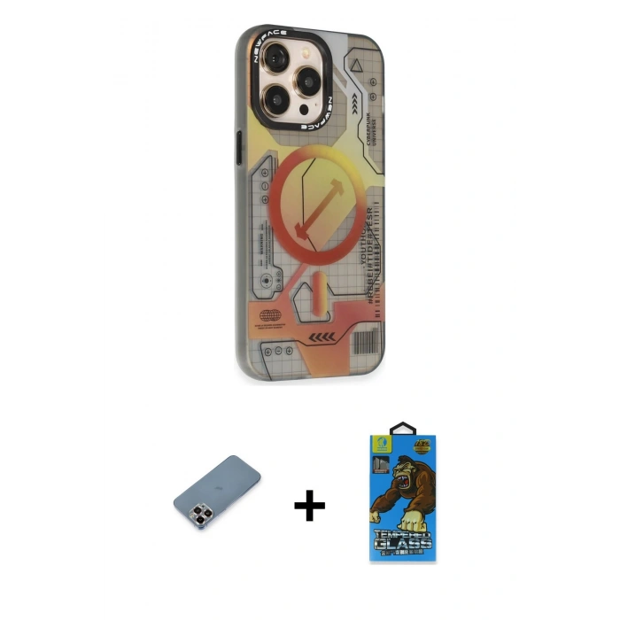 MARSİLYAN™- iPhone 13 Pro Max Kılıf Siluet Modern Koleksiyonu - Siyah 18D Cam Ekran Koruyucu + Mor Metal Kamera Lens Koruma Cam