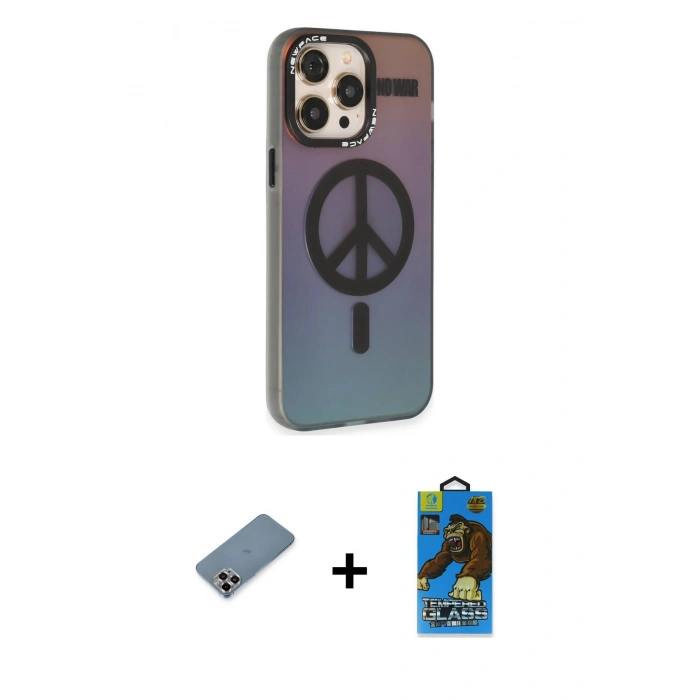 MARSİLYAN™- iPhone 13 Pro Max Kılıf Siluet Modern Koleksiyonu - Siyah 18D Cam Ekran Koruyucu + Mor Metal Kamera Lens Koruma Cam