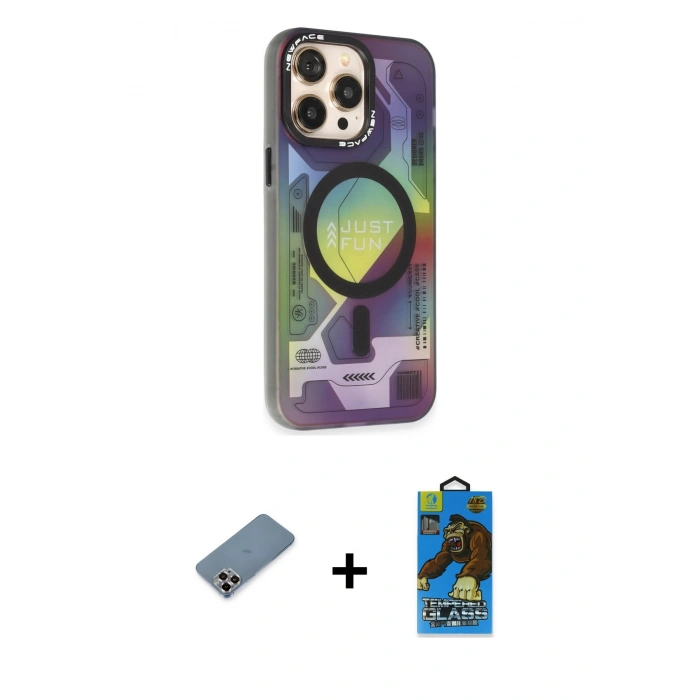 MARSİLYAN™- iPhone 13 Pro Max Kılıf Siluet Modern Koleksiyonu - Siyah 18D Cam Ekran Koruyucu + Mor Metal Kamera Lens Koruma Cam