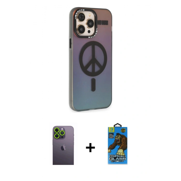 MARSİLYAN™- iPhone 13 Pro Max Kılıf Siluet Modern Koleksiyonu - Siyah 18D Cam Ekran Koruyucu + Neon Fosforlu Kamera Lens - YL