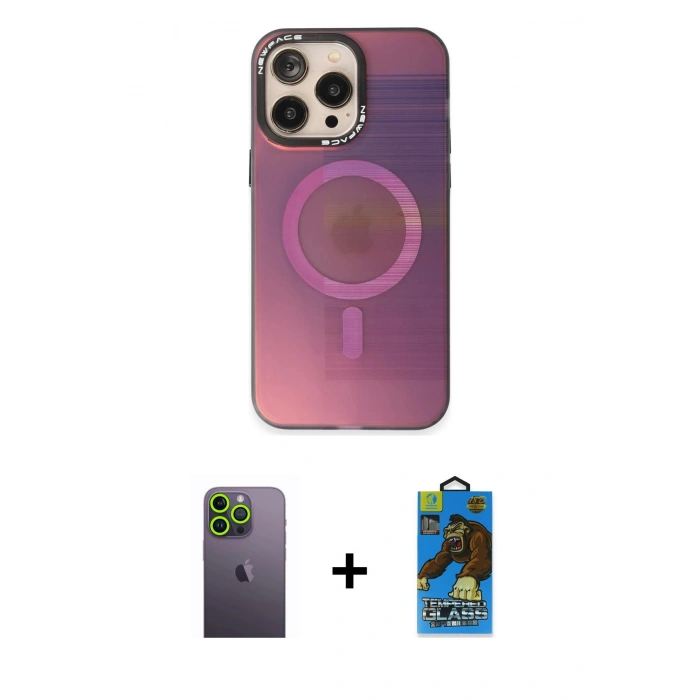 MARSİLYAN™- iPhone 13 Pro Max Kılıf Siluet Modern Koleksiyonu - Siyah 18D Cam Ekran Koruyucu + Neon Fosforlu Kamera Lens - YL