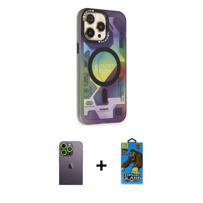 MARSİLYAN™- iPhone 13 Pro Max Kılıf Siluet Modern Koleksiyonu - Siyah 18D Cam Ekran Koruyucu + Neon Fosforlu Kamera Lens - YL
