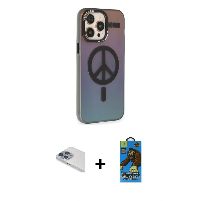 MARSİLYAN™- iPhone 13 Pro Max Kılıf Siluet Modern Koleksiyonu - Siyah 18D Cam Ekran Koruyucu + Pers Alüminyum Kamera Lens - SABE