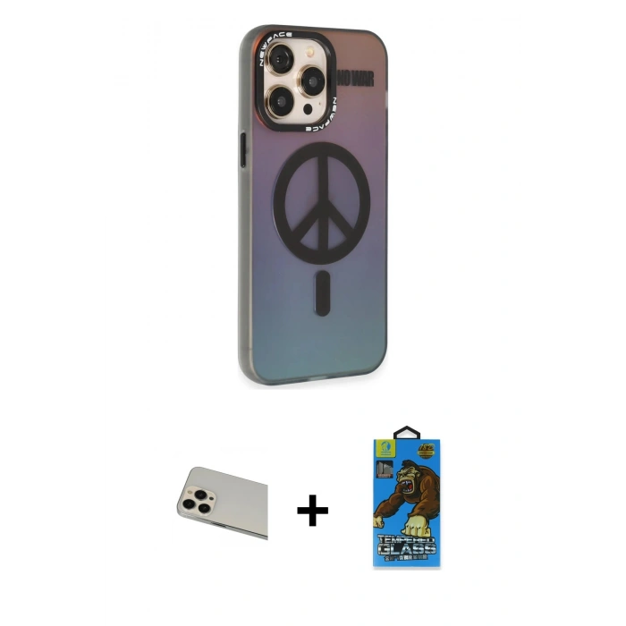 MARSİLYAN™- iPhone 13 Pro Max Kılıf Siluet Modern Koleksiyonu - Siyah 18D Cam Ekran Koruyucu + Rainbow Kamera Lens Koruma Cam - REGD